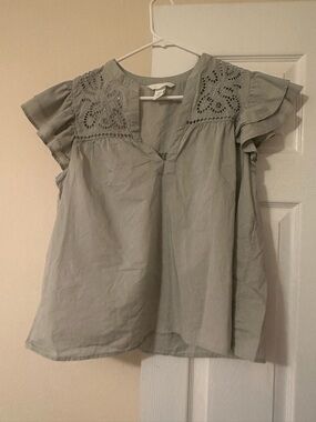 H&M Sage Green Eyelet Flutter Sleeve Top